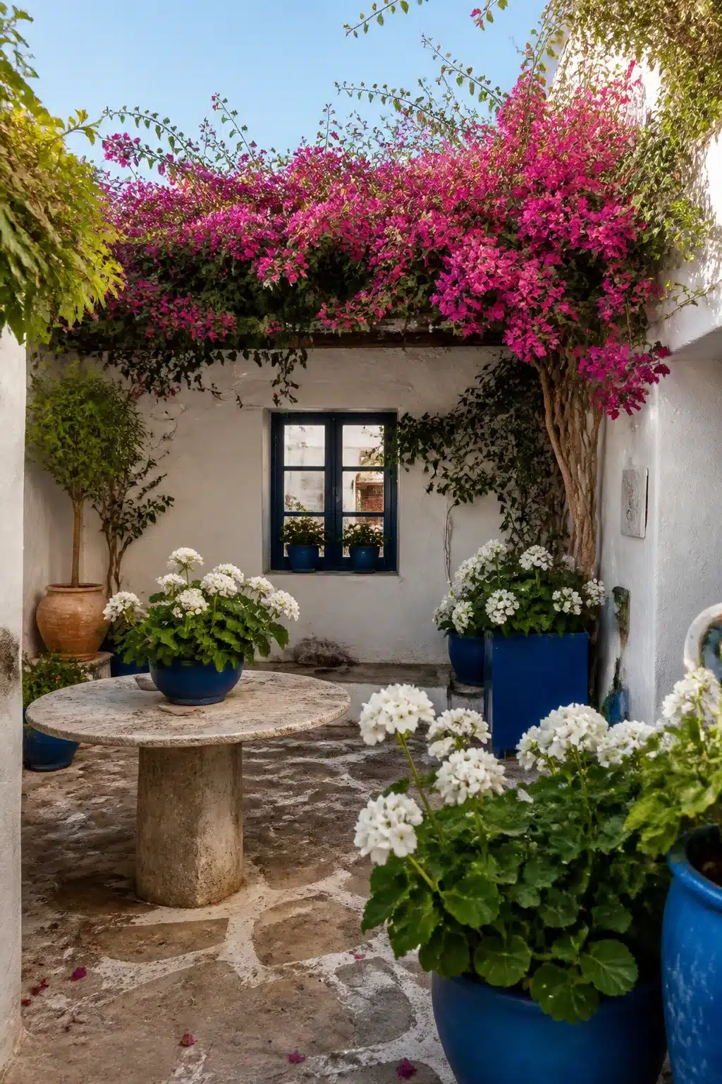 Cobalt blue pots with white geraniums in a Greek island Mediterranean garden courtyard with bougainvillea overhead