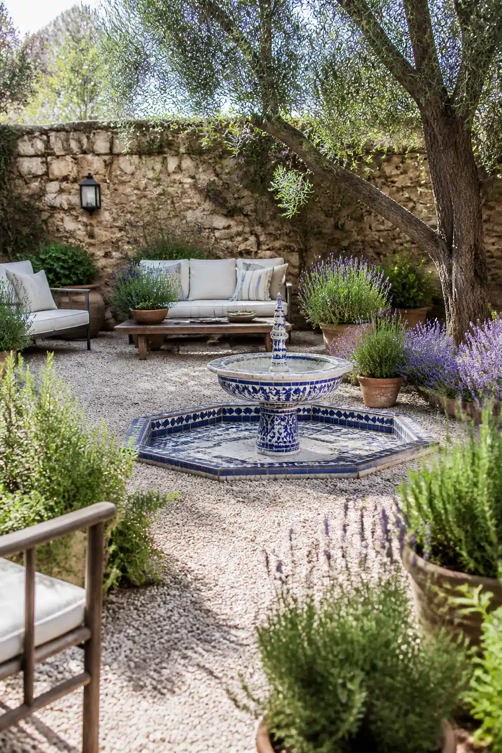 Blue and white mosaic tile fountain in a gravel Mediterranean garden courtyard with lavender and stone walls.
