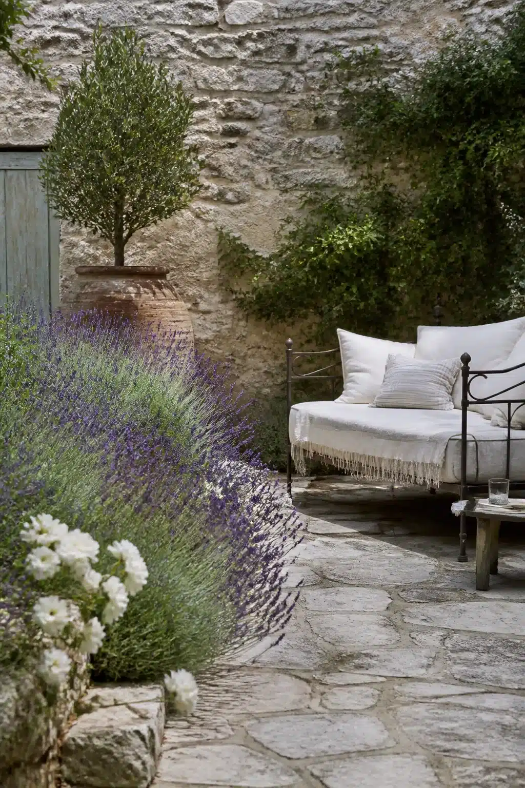 Lavender borders and wrought iron daybed in a Provençal Mediterranean garden courtyard with stone walls and flagstone paving.