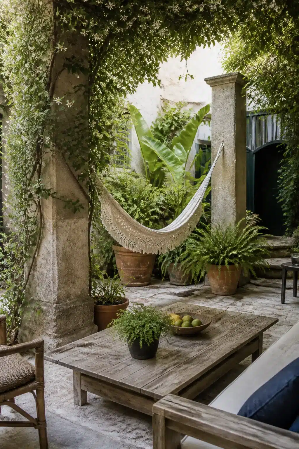 Stone column courtyard with fringed hammock and ferns — Mediterranean garden courtyard shaded corner idea
