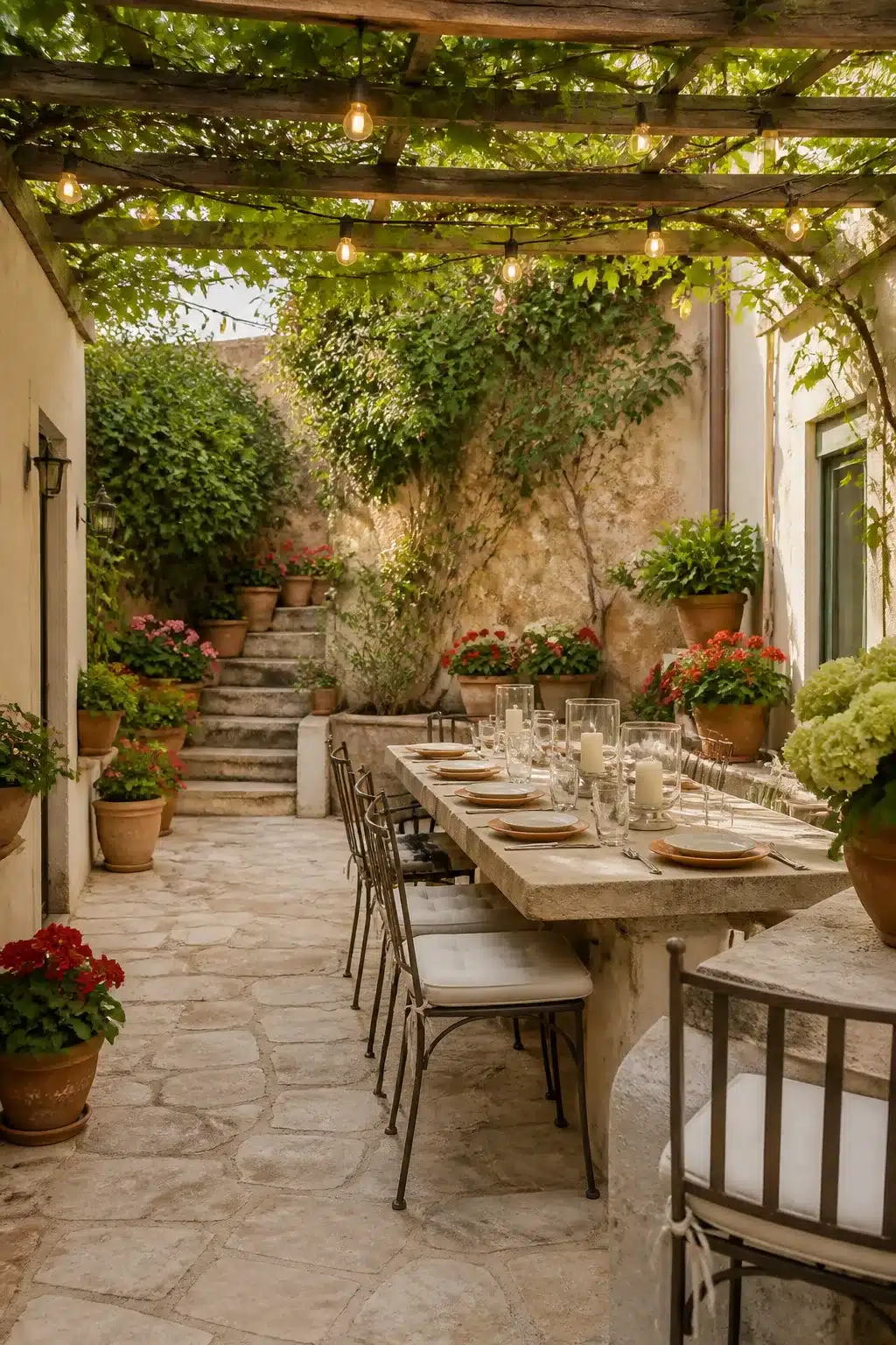 String lights over a limestone dining table in a vine-covered Mediterranean garden courtyard with flagstone floors and geraniums