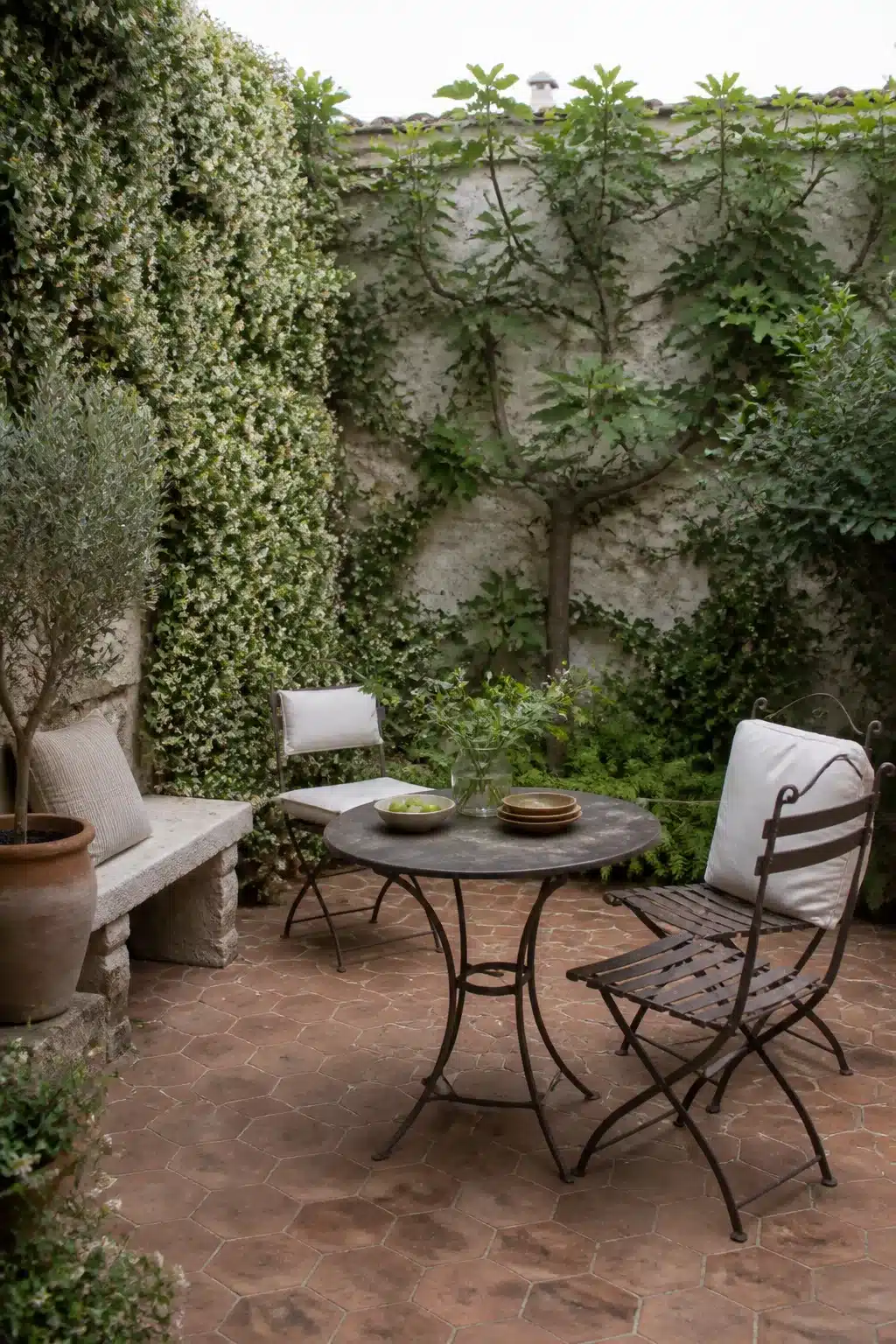 Compact Mediterranean garden courtyard with espalier fig tree, climbing plants, hexagonal terracotta tiles, and iron bistro table.