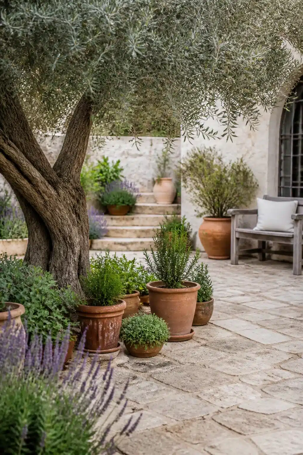 Ancient olive tree shading a stone-paved Mediterranean garden courtyard with terracotta herb pots and lavender borders.