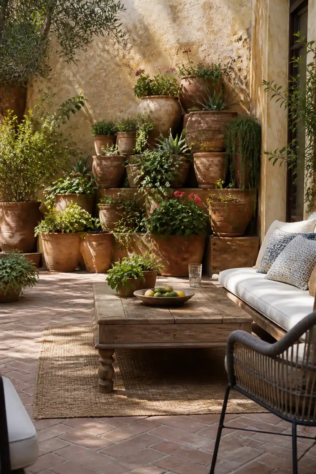 Stacked terracotta pots on brick paving in a Mediterranean garden courtyard with weathered stucco walls.