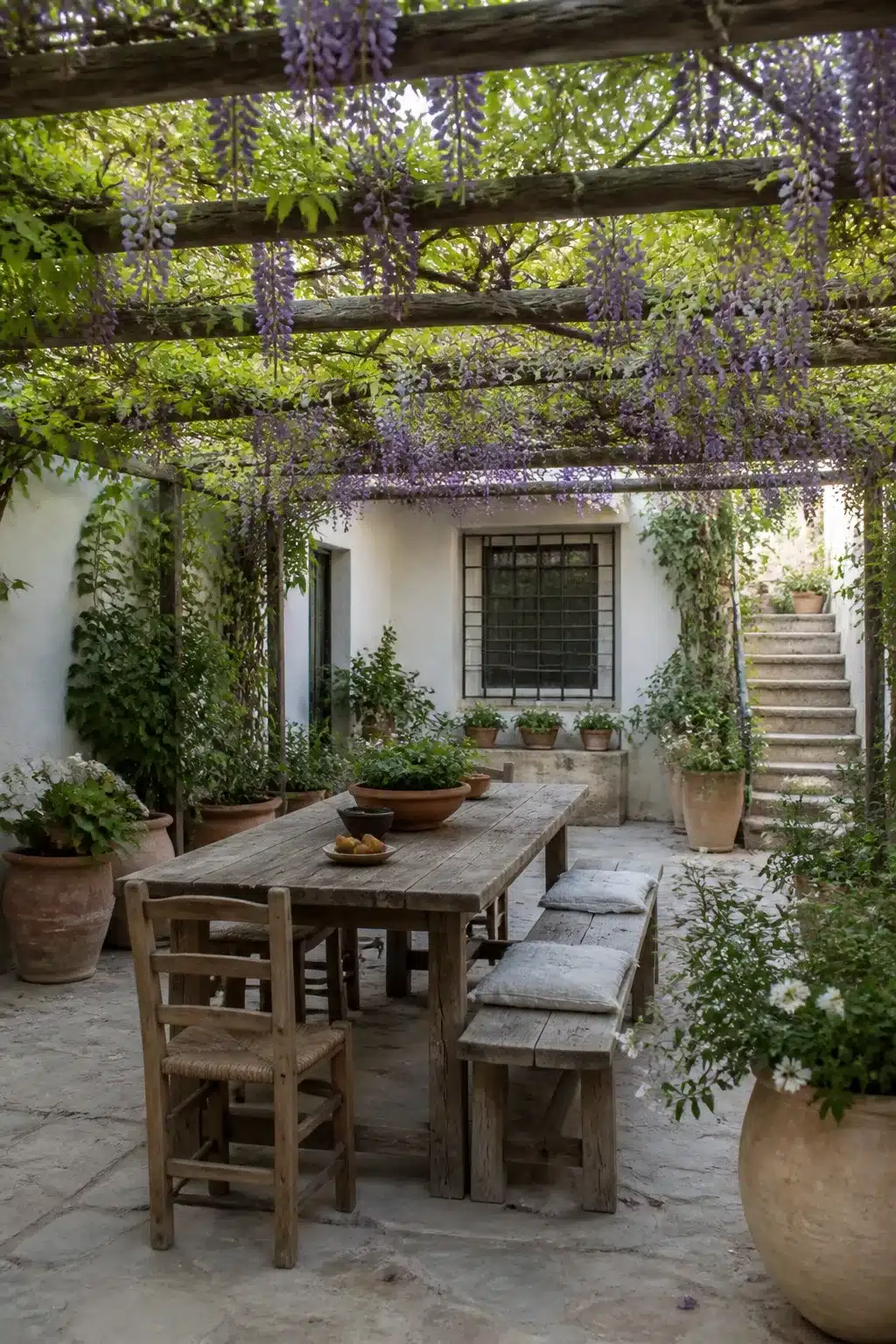Wisteria-draped pergola over a rustic wood dining table in a Mediterranean garden courtyard with terracotta pots.