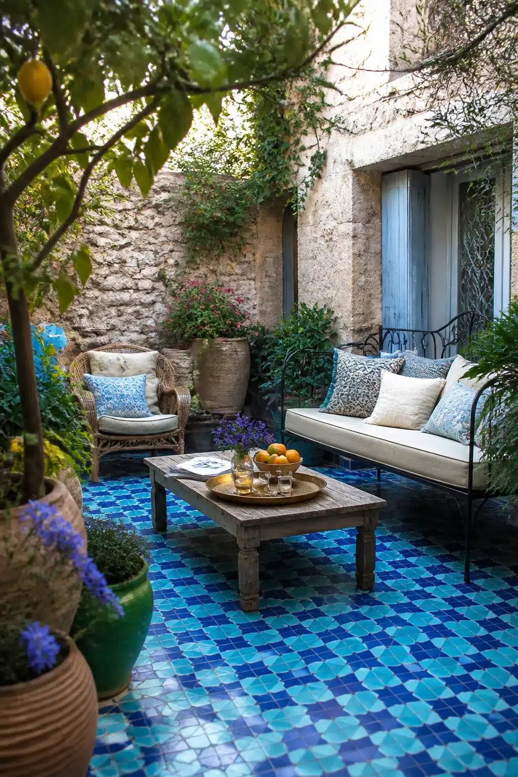 Mediterranean garden courtyard with blue and turquoise zellige tile floor, iron daybed, and citrus tree overhead
