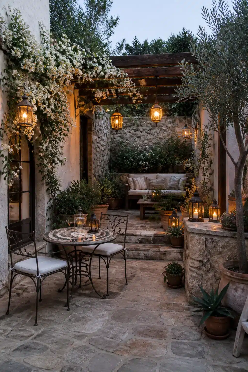 Mediterranean garden courtyard at night with wrought iron bistro table, hanging lanterns, and stone flagging at dusk