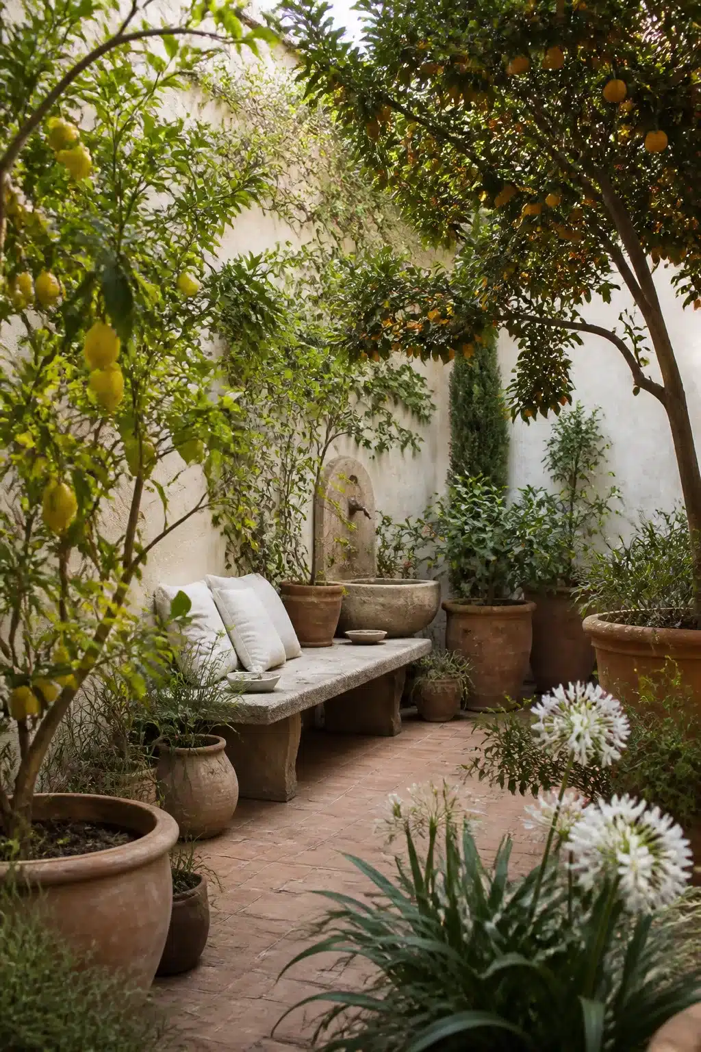 Lemon trees and stone bench in a walled Mediterranean garden courtyard with terracotta pots and brick paving.