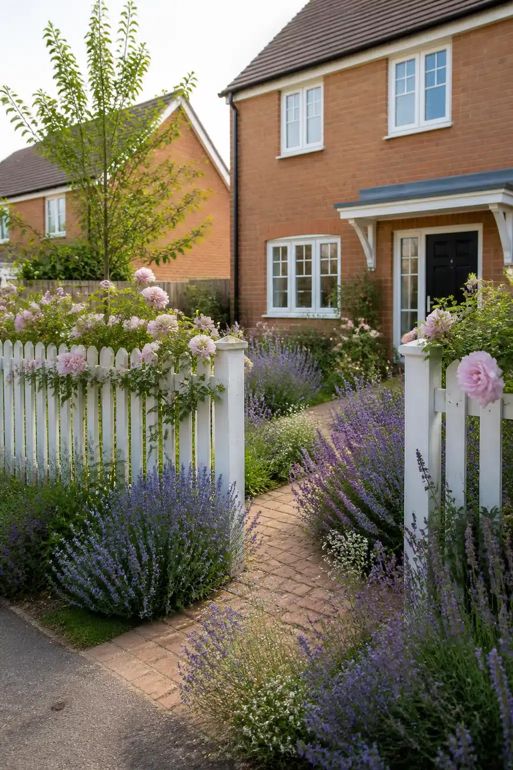 White picket gate with climbing roses and catmint borders in a new build cottage garden front yard