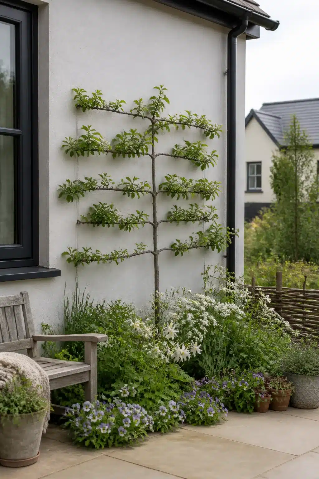Espalier apple tree trained against white render wall in a new build cottage garden with informal white flower planting below.