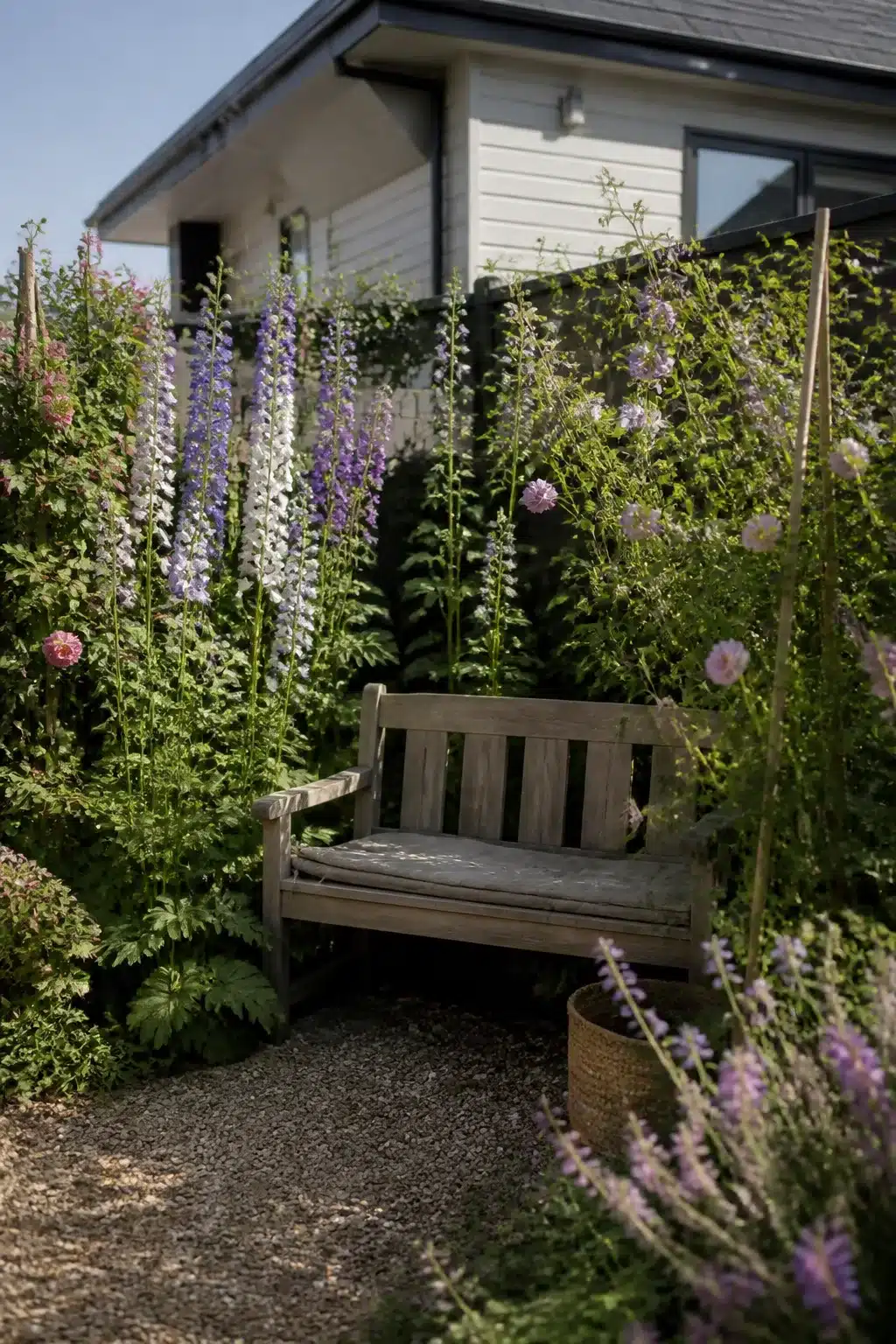 Weathered teak bench surrounded by delphiniums and catmint in a new build cottage garden gravel nook.