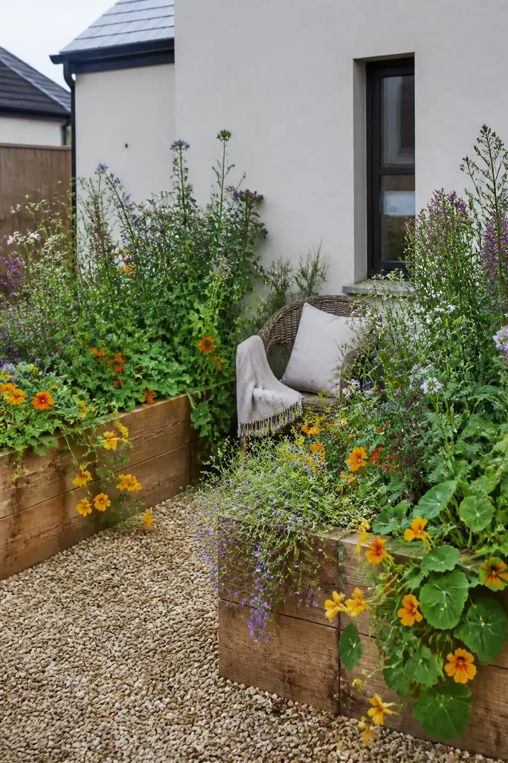 Timber raised beds with tumbling cottage planting and gravel seating nook in a new build cottage garden