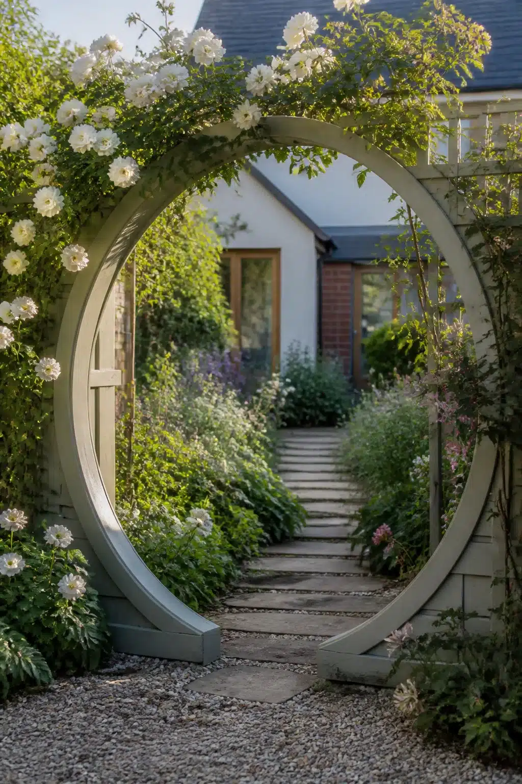 Sage green moon gate with white climbing roses and cottage perennial borders in a new build cottage garden.