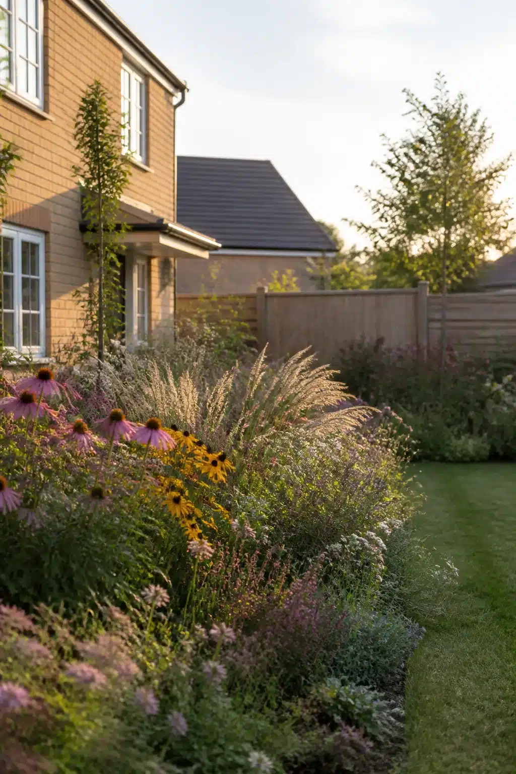 Echinacea and rudbeckia border with feather grass beside a new build cottage garden at golden hour