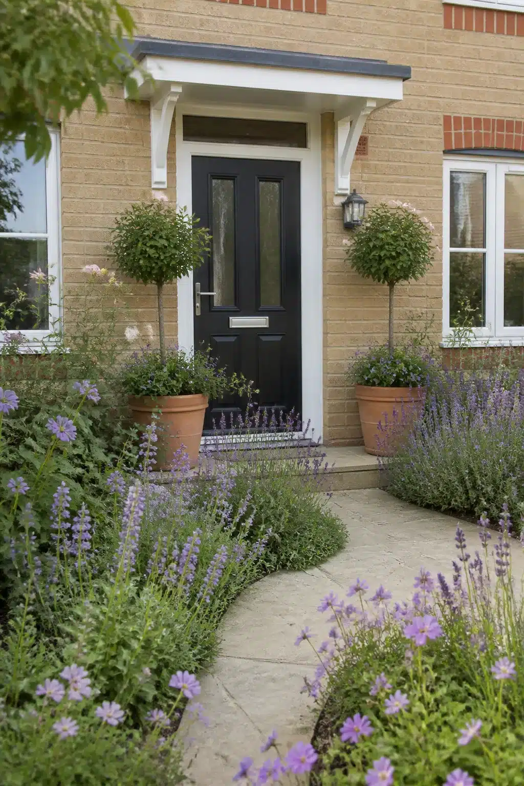 Black front door with lollipop topiary standards and informal lavender planting in a new build cottage garden