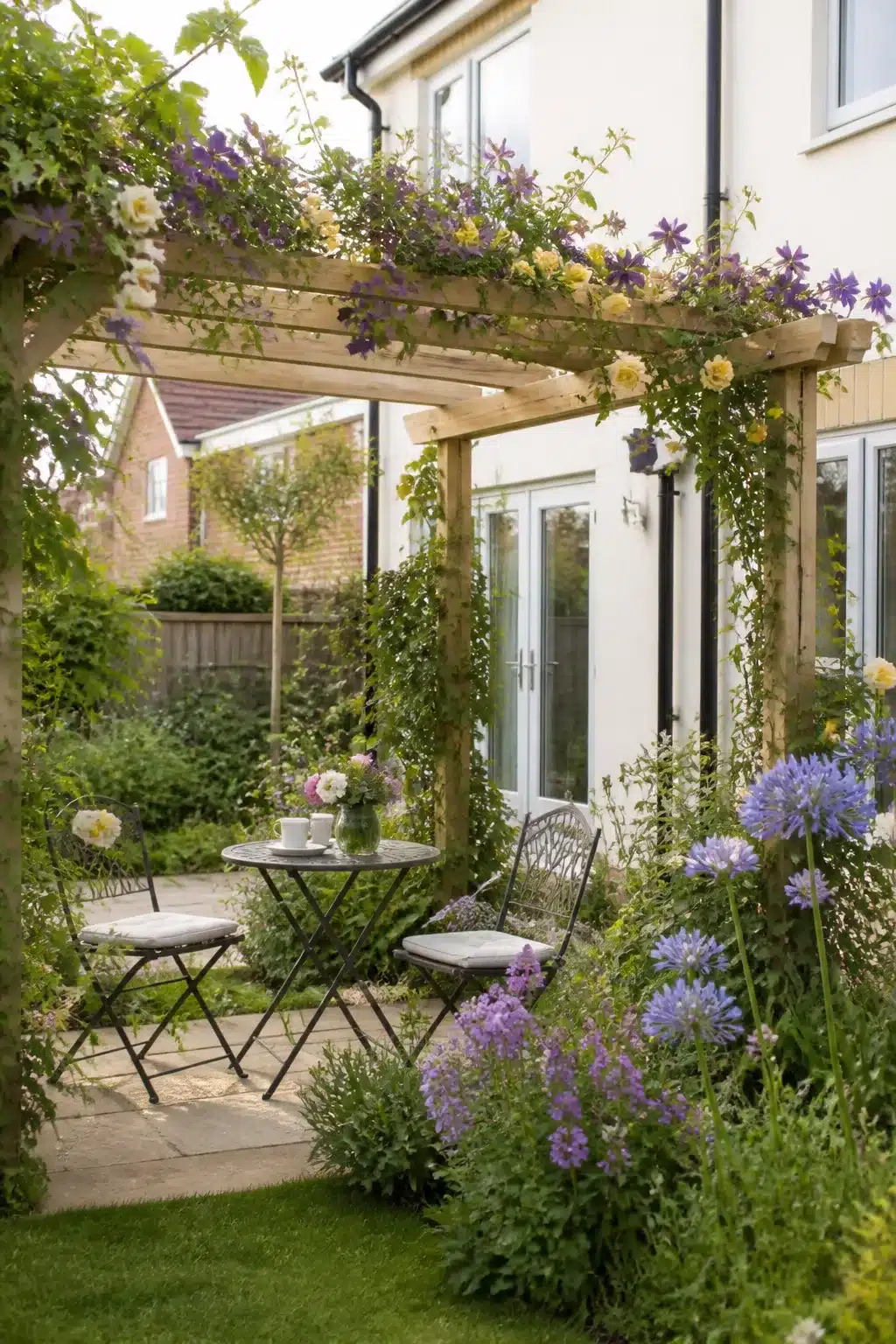 Timber pergola with climbing clematis and yellow roses in a new build cottage garden with informal perennial planting.