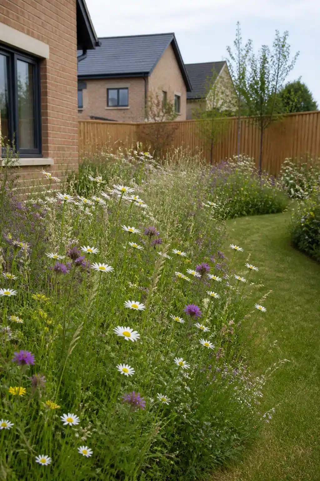 Wildflower meadow border with daisies and scabious along a new build cottage garden lawn path