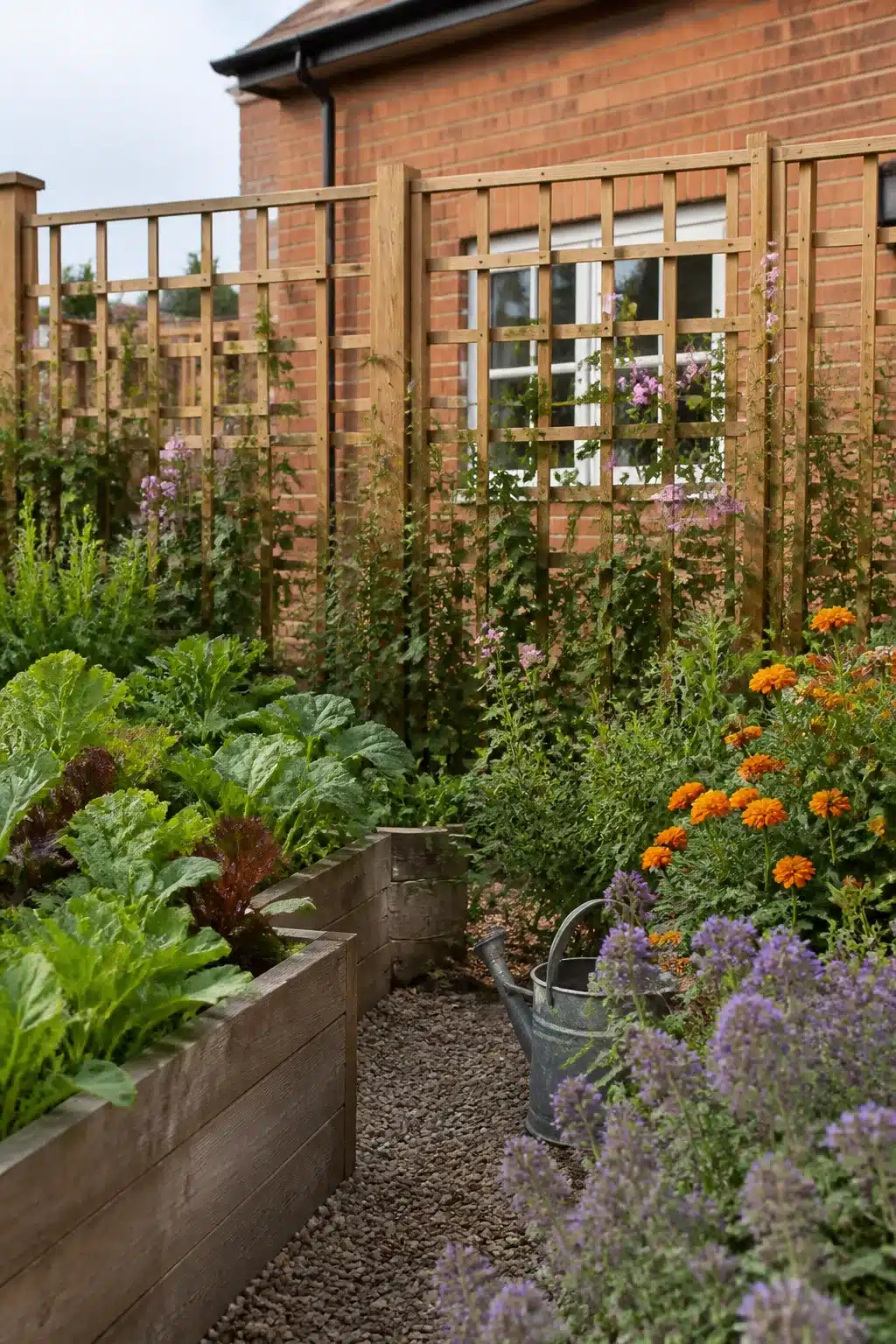 Timber raised vegetable beds with marigolds and trellis panels in a new build cottage garden, UK