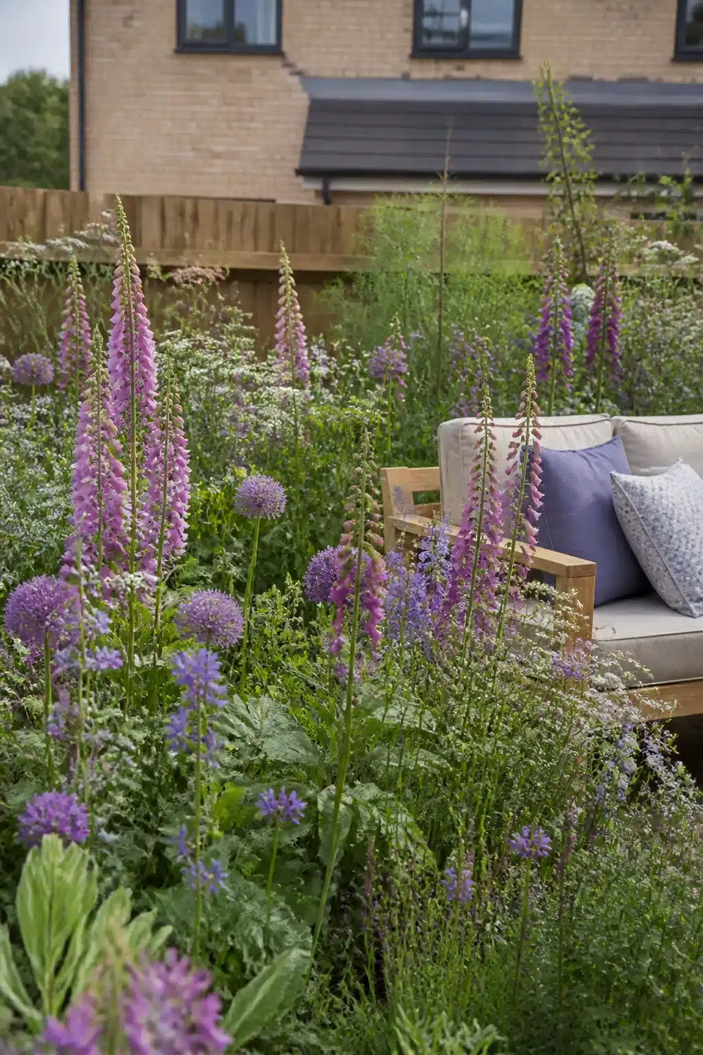Foxglove and allium cottage garden border beside timber sofa in a new build cottage garden, UK