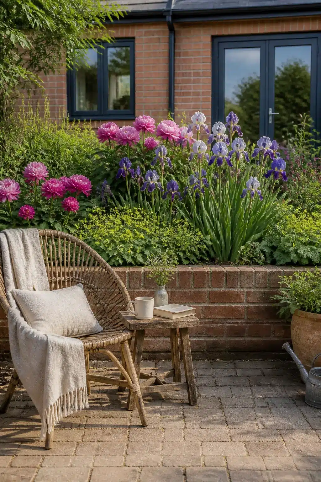 Wicker chair on brick patio beside raised planter with peonies and iris in a new build cottage garden.