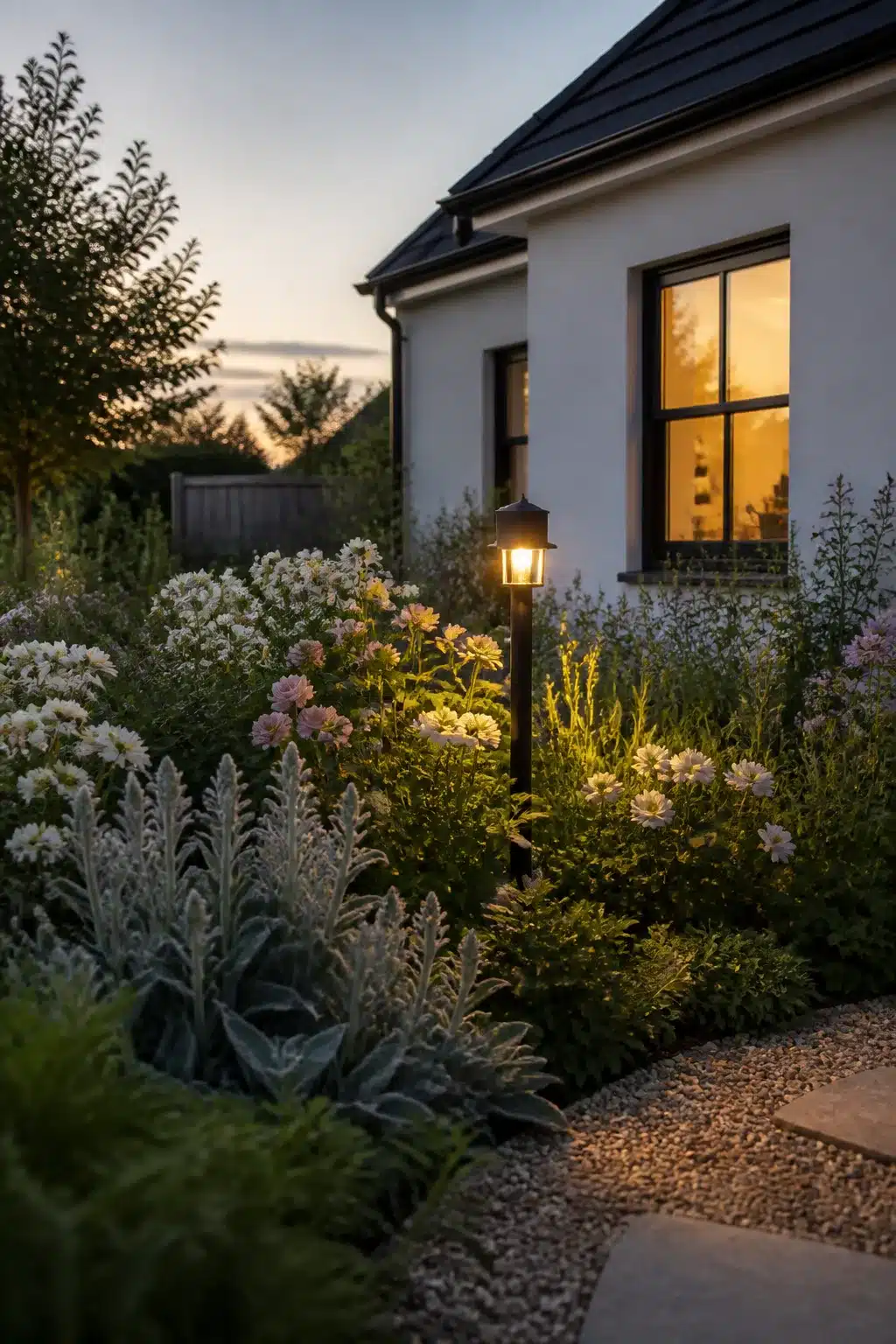 New build cottage garden at dusk with lantern post, pale dahlias, and silvery foliage in informal border.