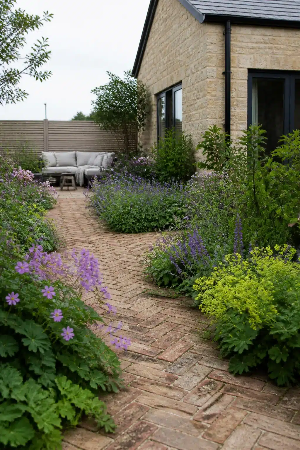Herringbone reclaimed brick path through informal catmint and geranium beds in a new build cottage garden