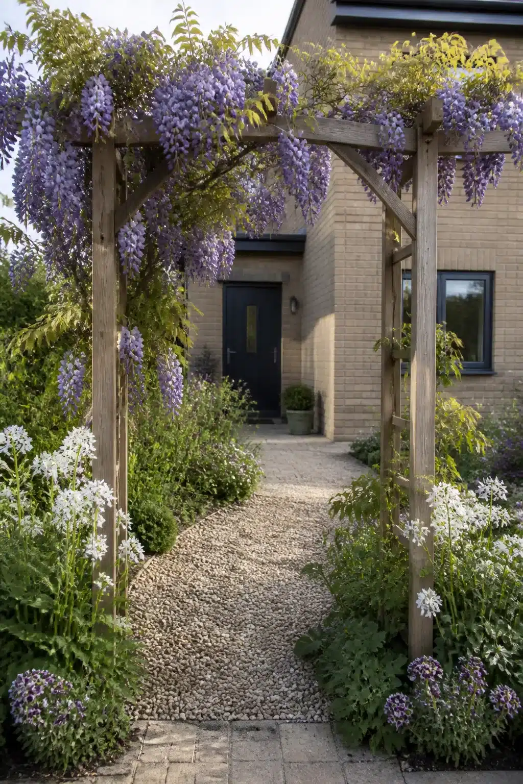 Timber arbor draped with purple wisteria over a gravel path in a new build cottage garden with informal planting.