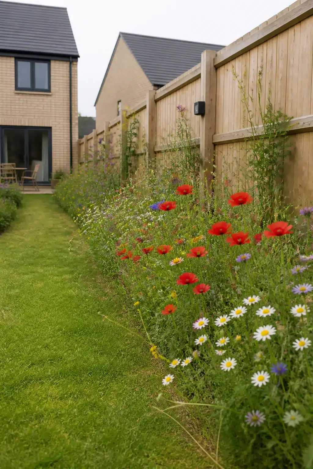 Red poppy and daisy wildflower border along a timber fence in a new build cottage garden