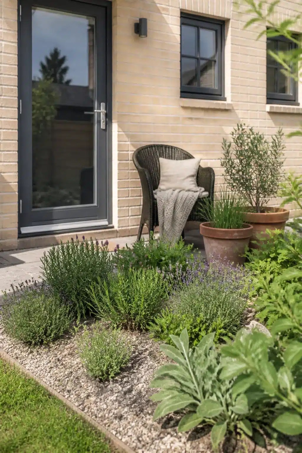 Lavender and rosemary gravel border by a new build back door — cottage garden herb planting ideas for small patios.