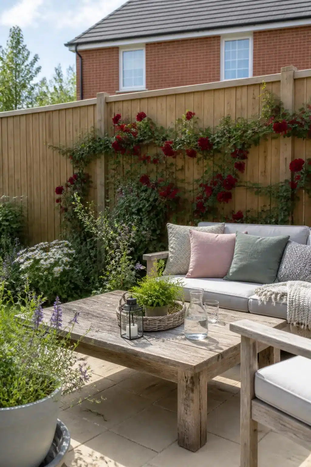 Deep red rambling rose trained on a new timber fence in a new build cottage garden with informal planting and reclaimed wood furniture.