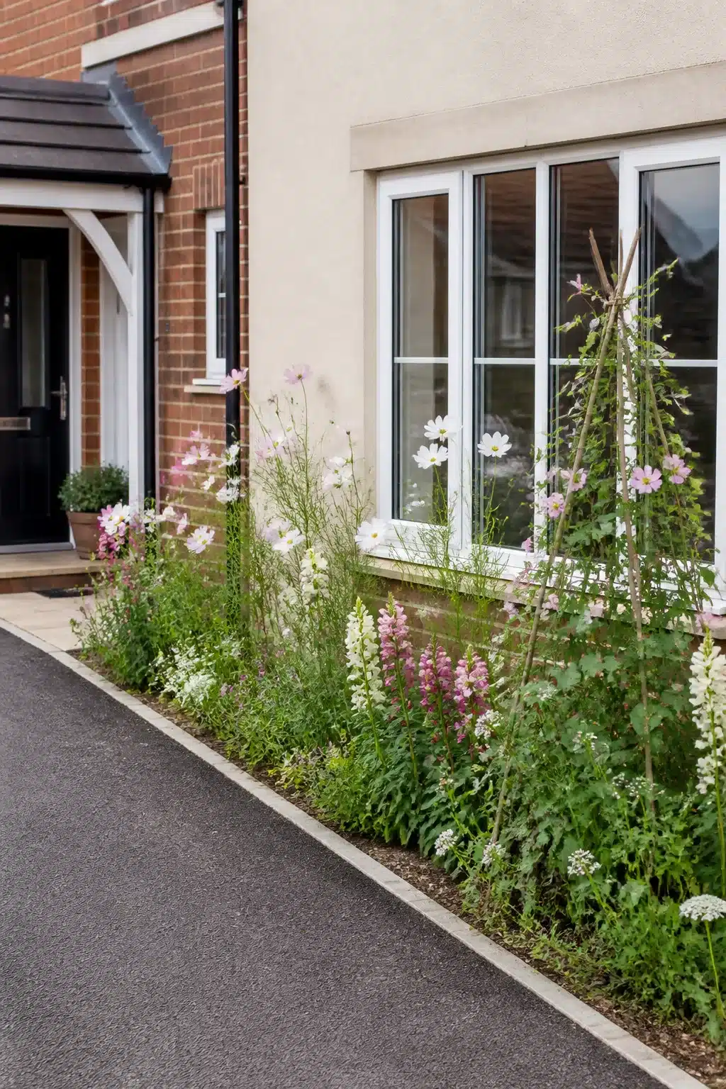 Cosmos and snapdragon informal border strip in a new build cottage garden alongside a render facade.