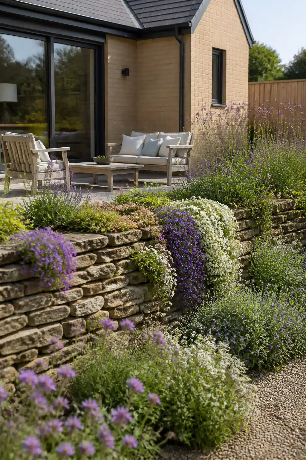 Dry stone wall with cascading aubrieta and alyssum in a new build cottage garden with gravel path and lavender borders.
