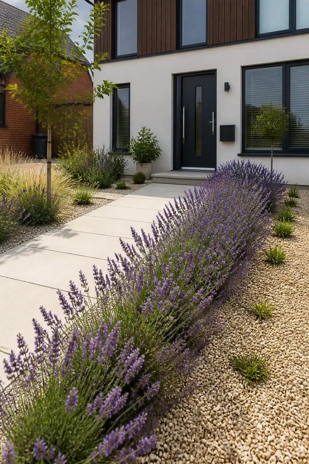 New build front garden with lavender rows, pea gravel, and a pale concrete path leading to a modern entrance door.