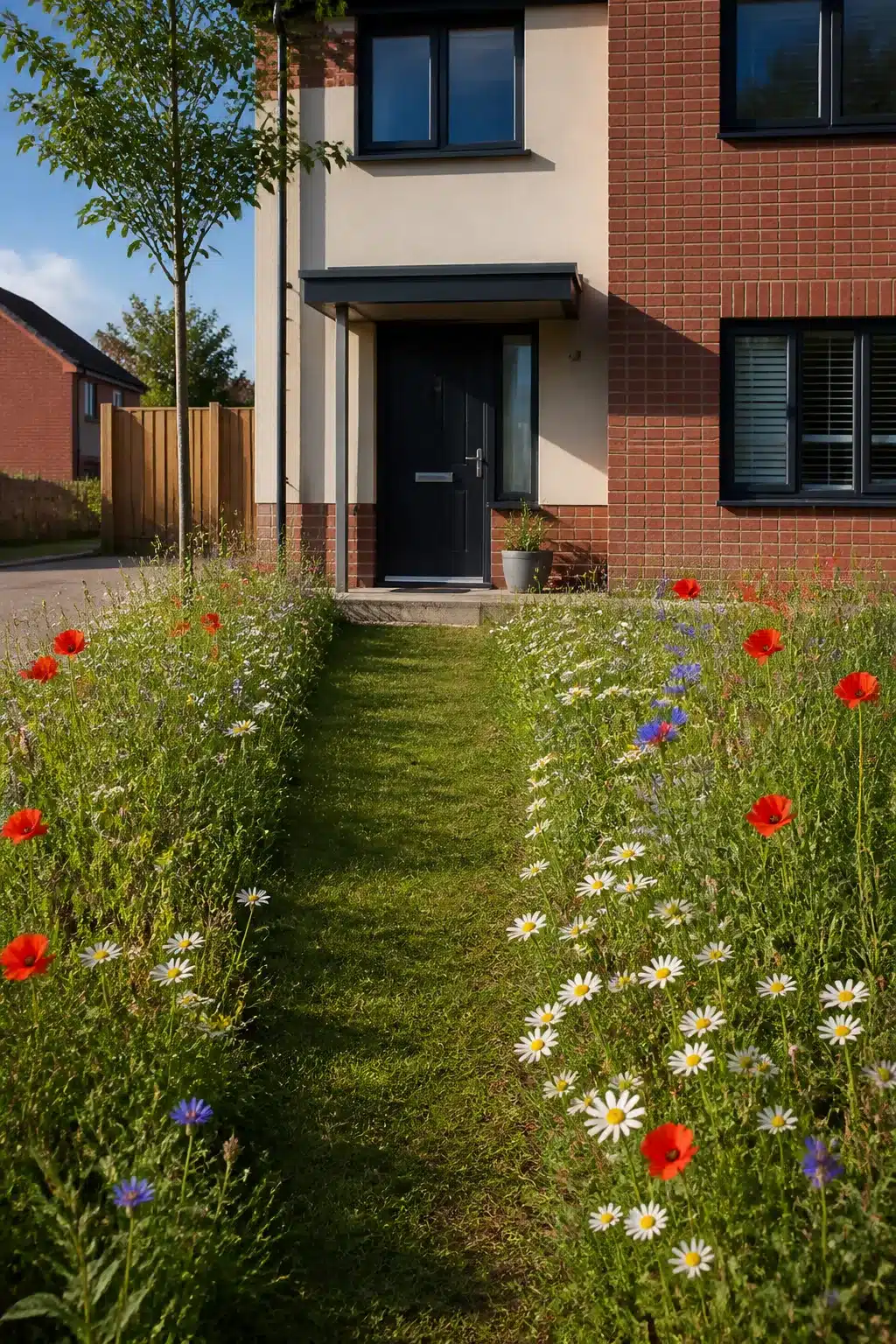 New build front garden with wildflower meadow strips and mown grass path leading to dark front door