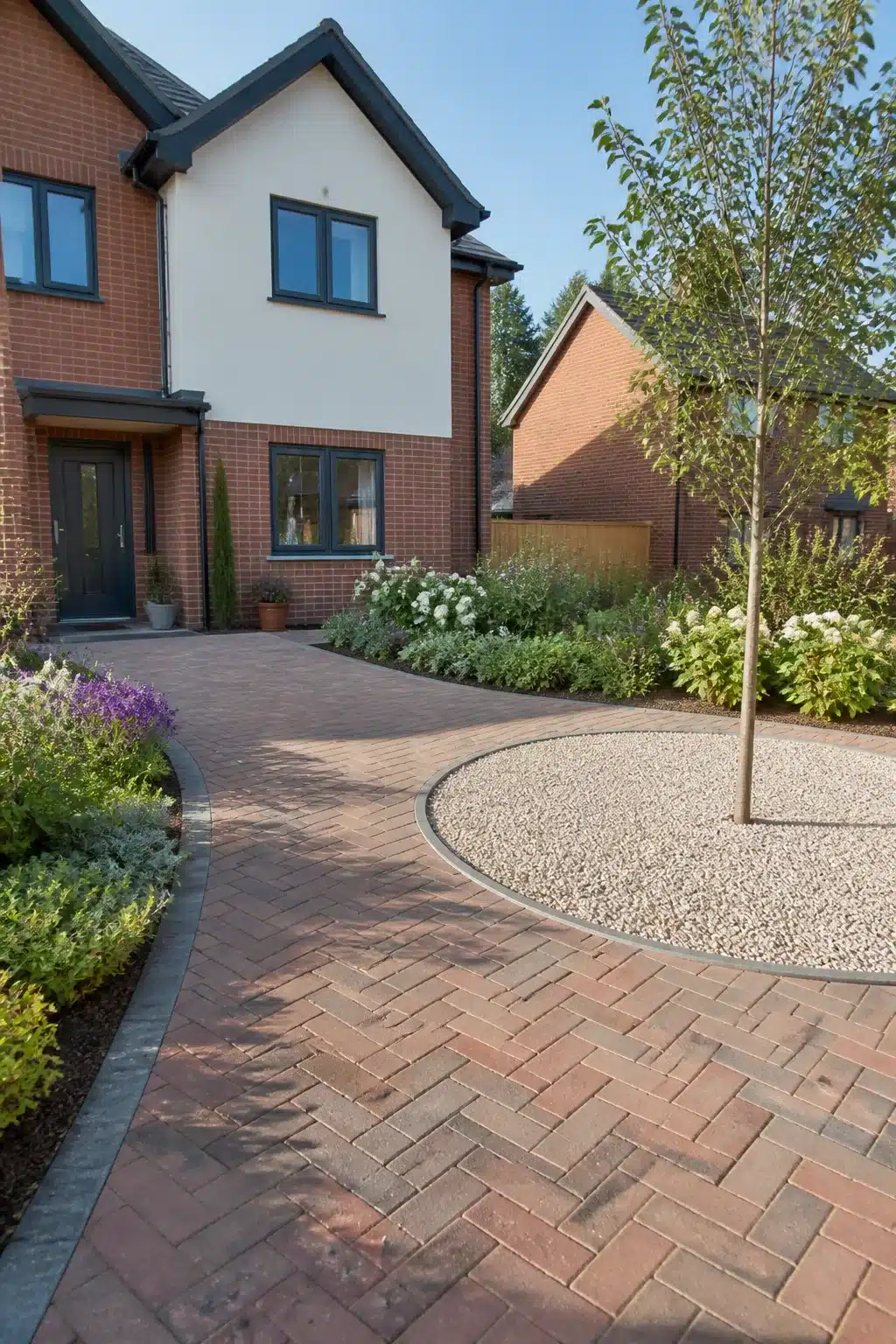 Herringbone brick driveway with gravel circle and birch tree in a new build front garden