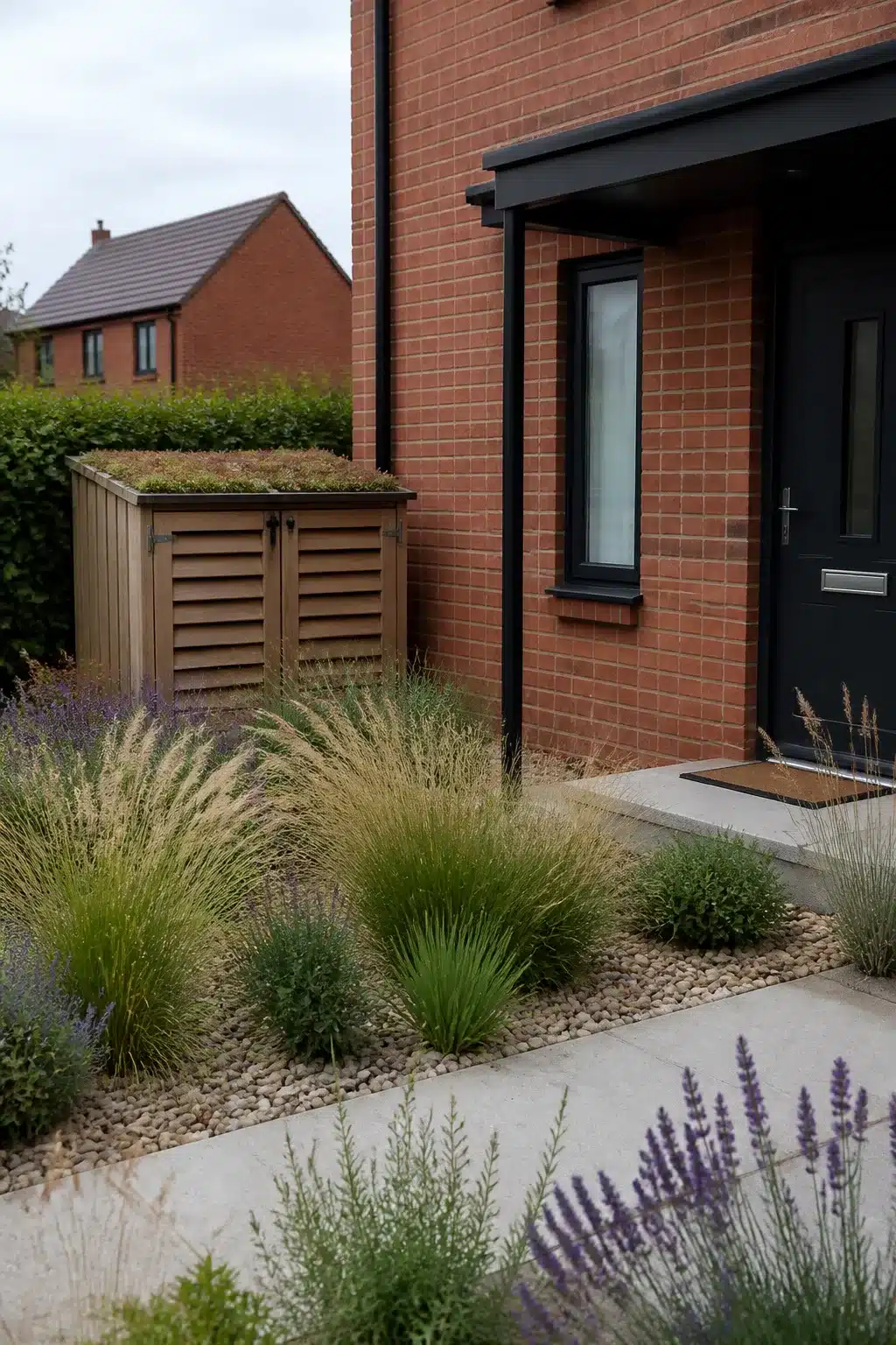 New build front garden with green roof bin store, ornamental grasses, and pea gravel planting bed beside brick house.