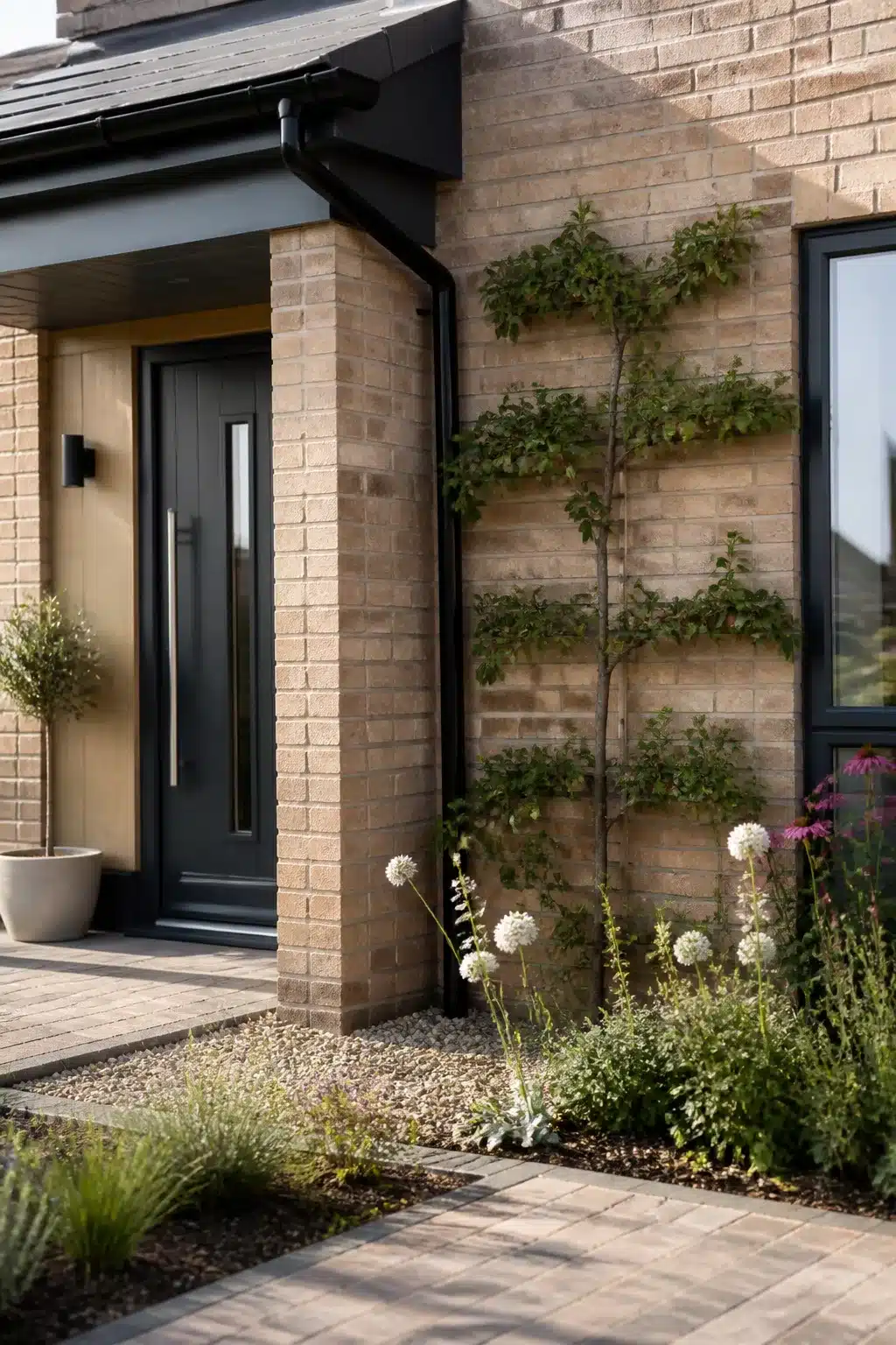 Espalier tree trained against brick facade with gravel planting bed in a new build front garden.