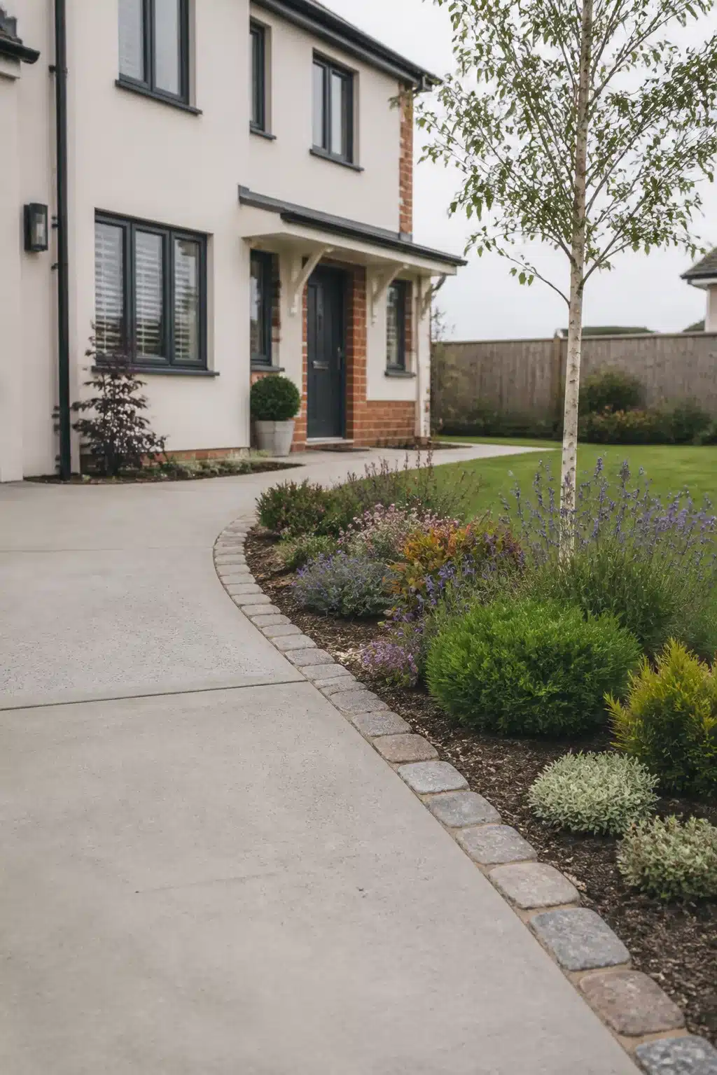 New build front garden with reclaimed cobblestone edging, curved driveway, and mixed shrub border including silver birch