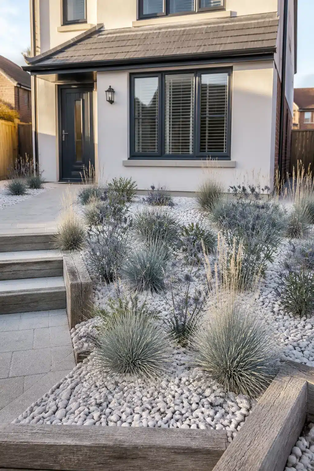 New build front garden with white pebble mulch, blue fescue grasses, and timber sleeper steps — coastal planting scheme