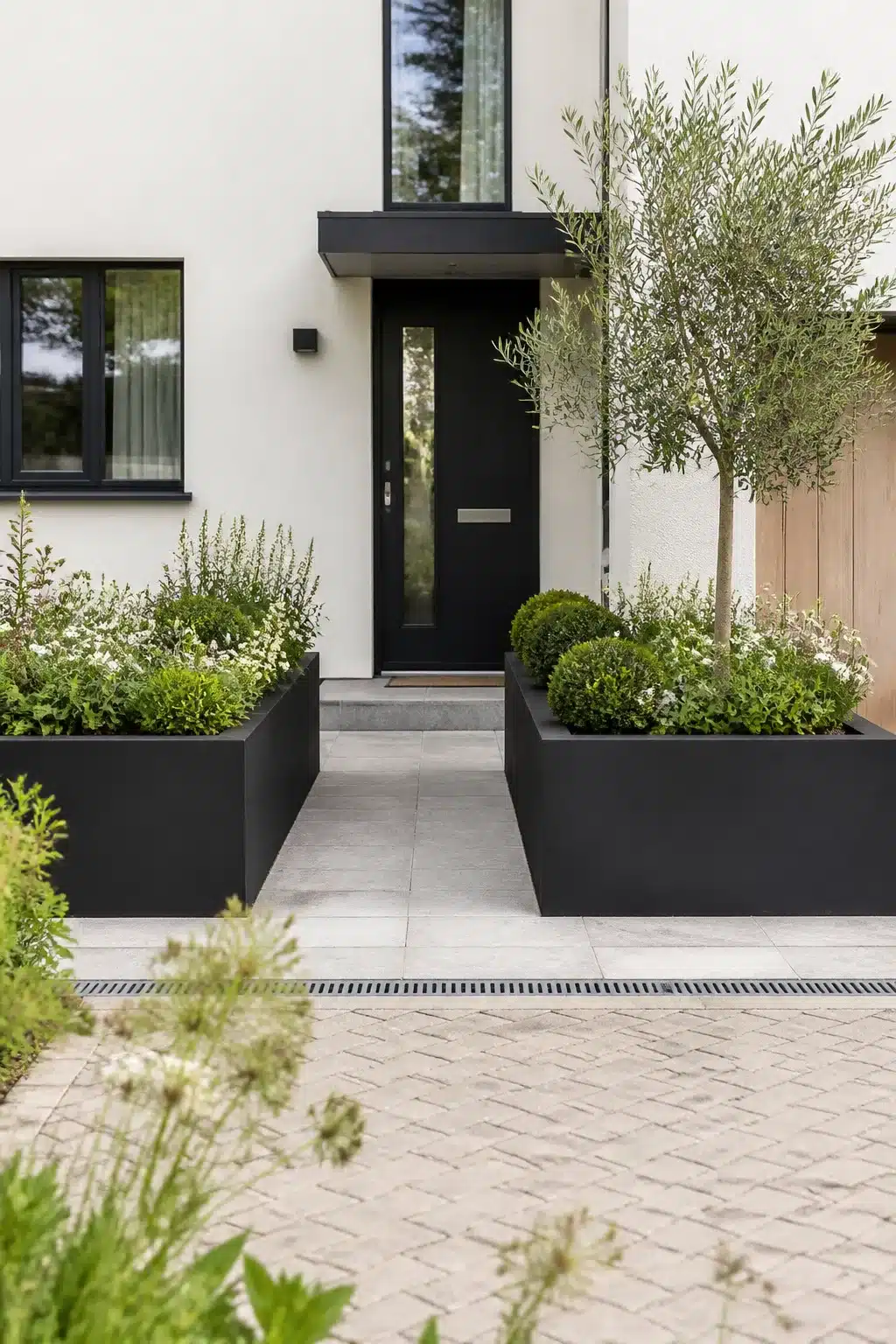 New build front garden with large black metal trough planters, olive trees, and clipped box balls at entrance