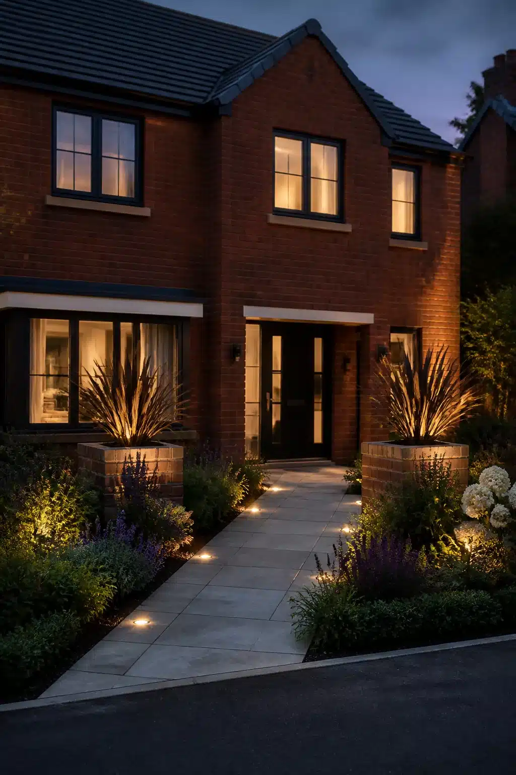 New build front garden with brick plinths, phormium uplighting and recessed path lights at dusk
