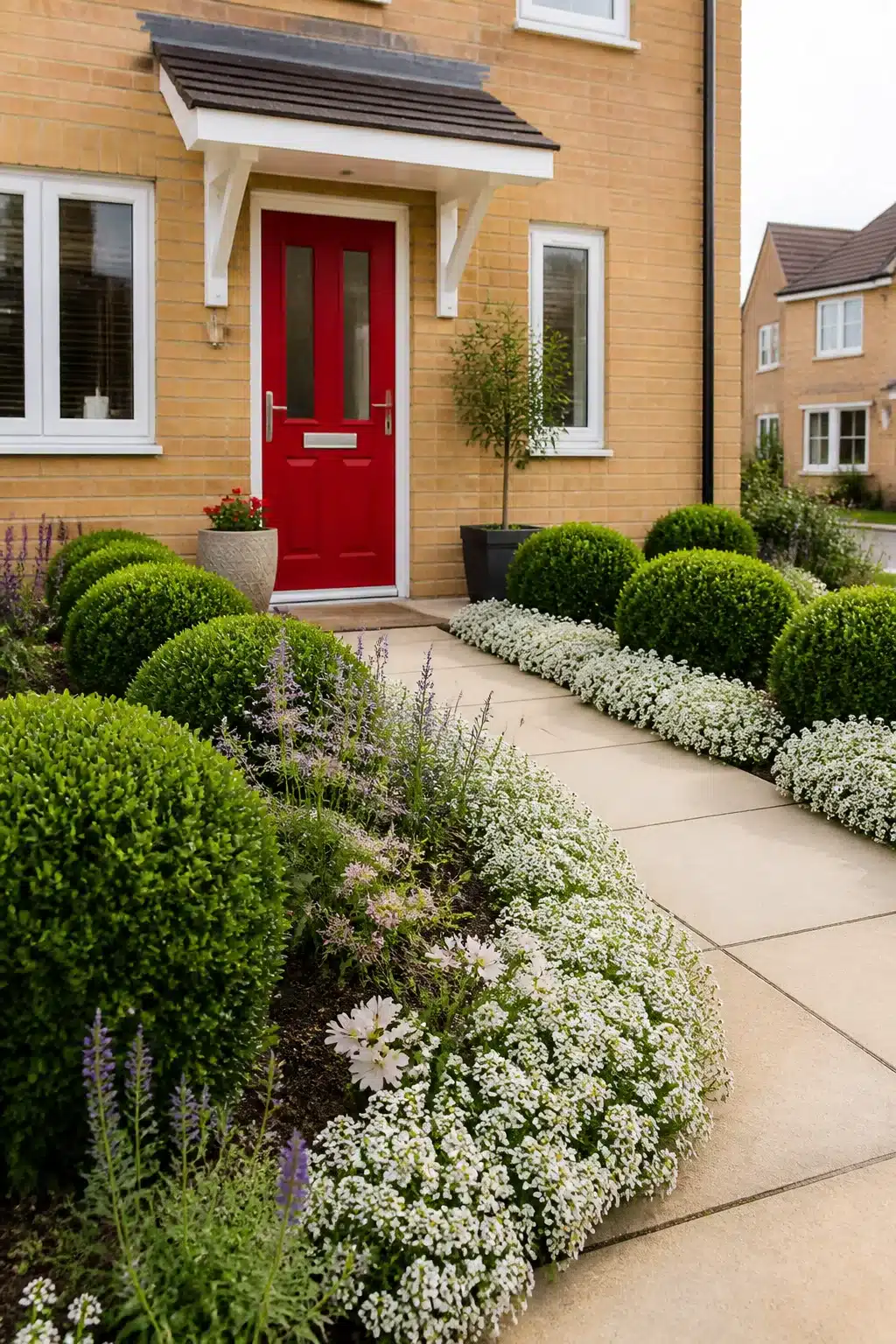 New build front garden with bold red door, clipped box spheres, white alyssum and salvia border lining a concrete path.