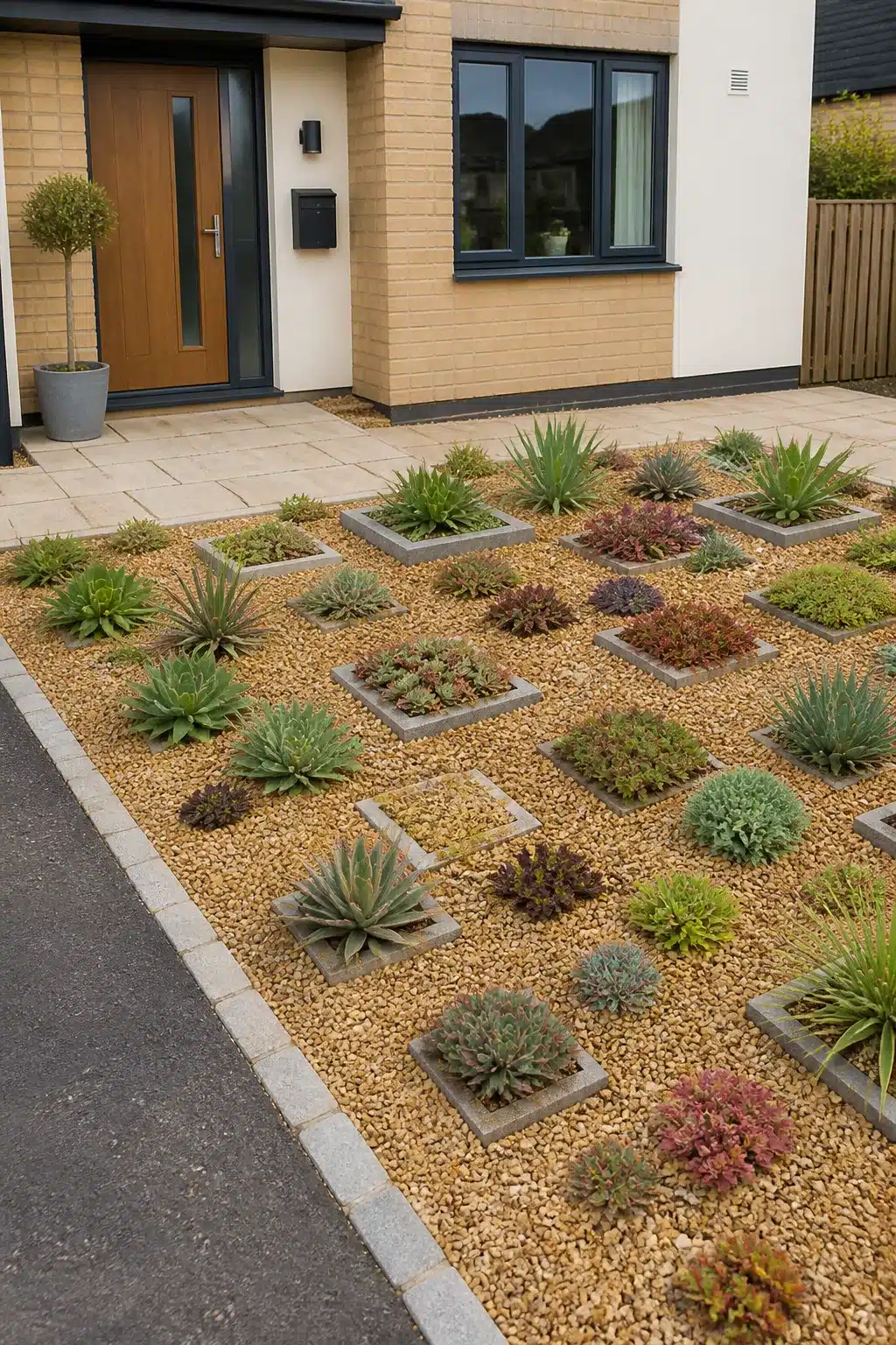 New build front garden with golden gravel, square concrete edging, and mixed succulents and agaves in a grid layout.