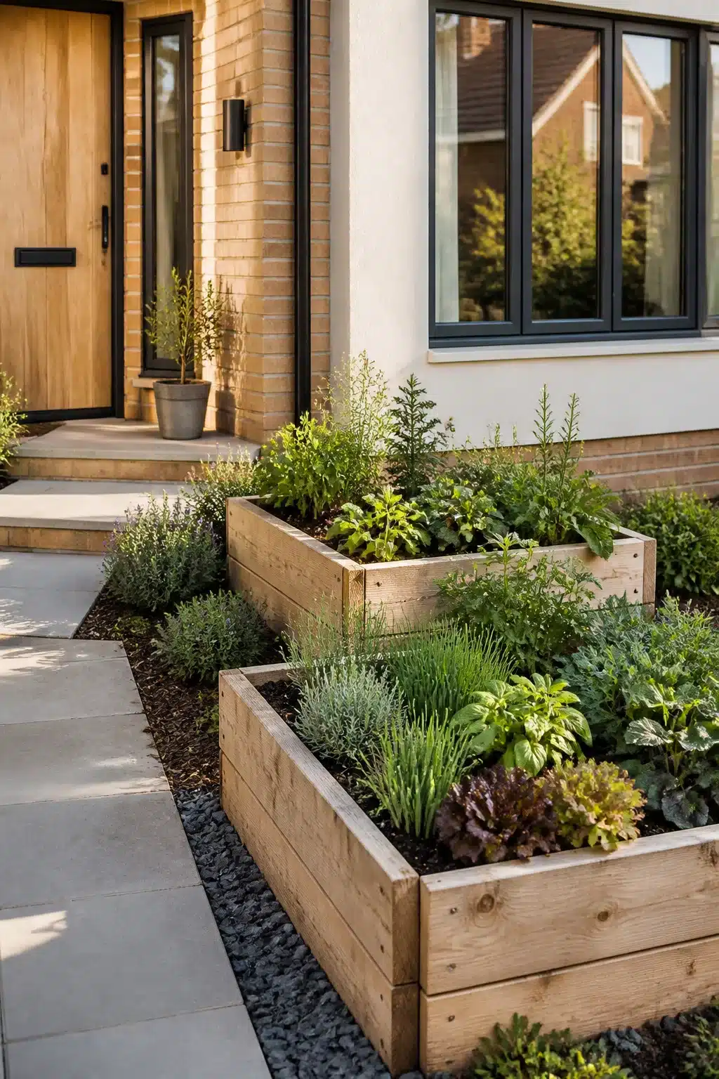 Timber raised vegetable beds in a landscaped new build front garden with herbs and leafy greens by the entrance path.