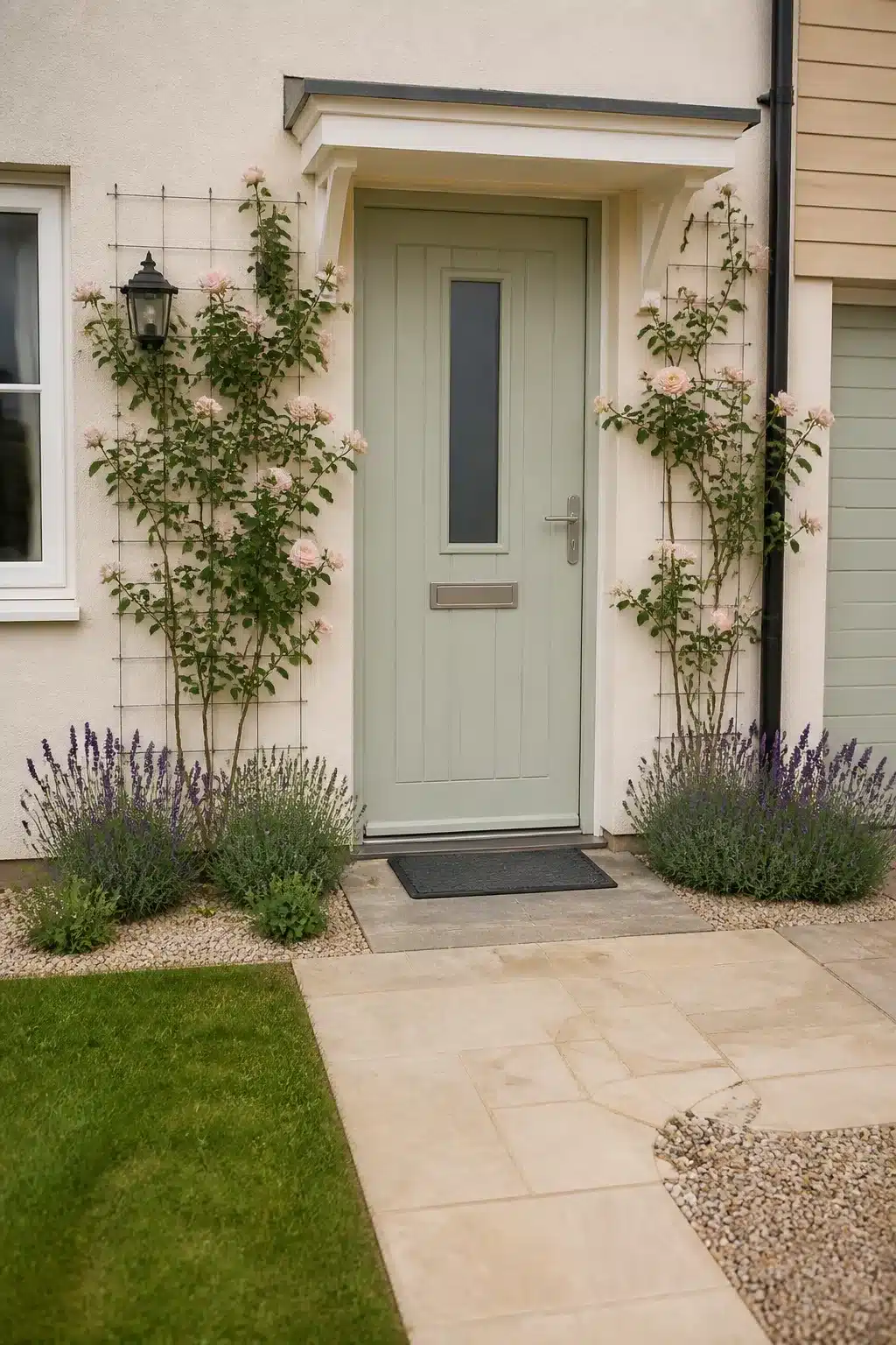 New build front garden with climbing roses on trellis, sage green door, lavender border and sandstone path.