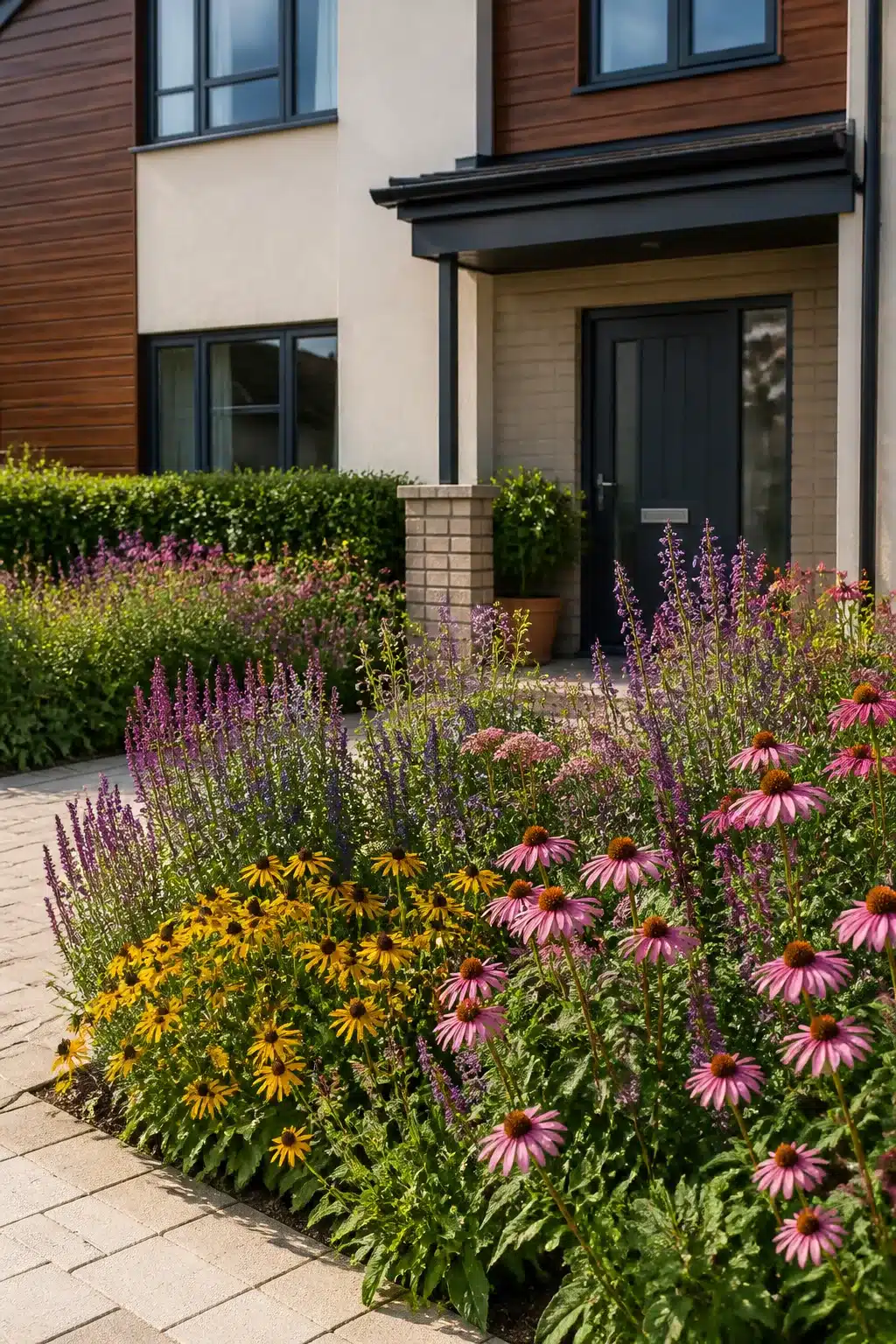 New build front garden with pink echinacea, rudbeckia and salvia pollinator border along a block paved entrance path.