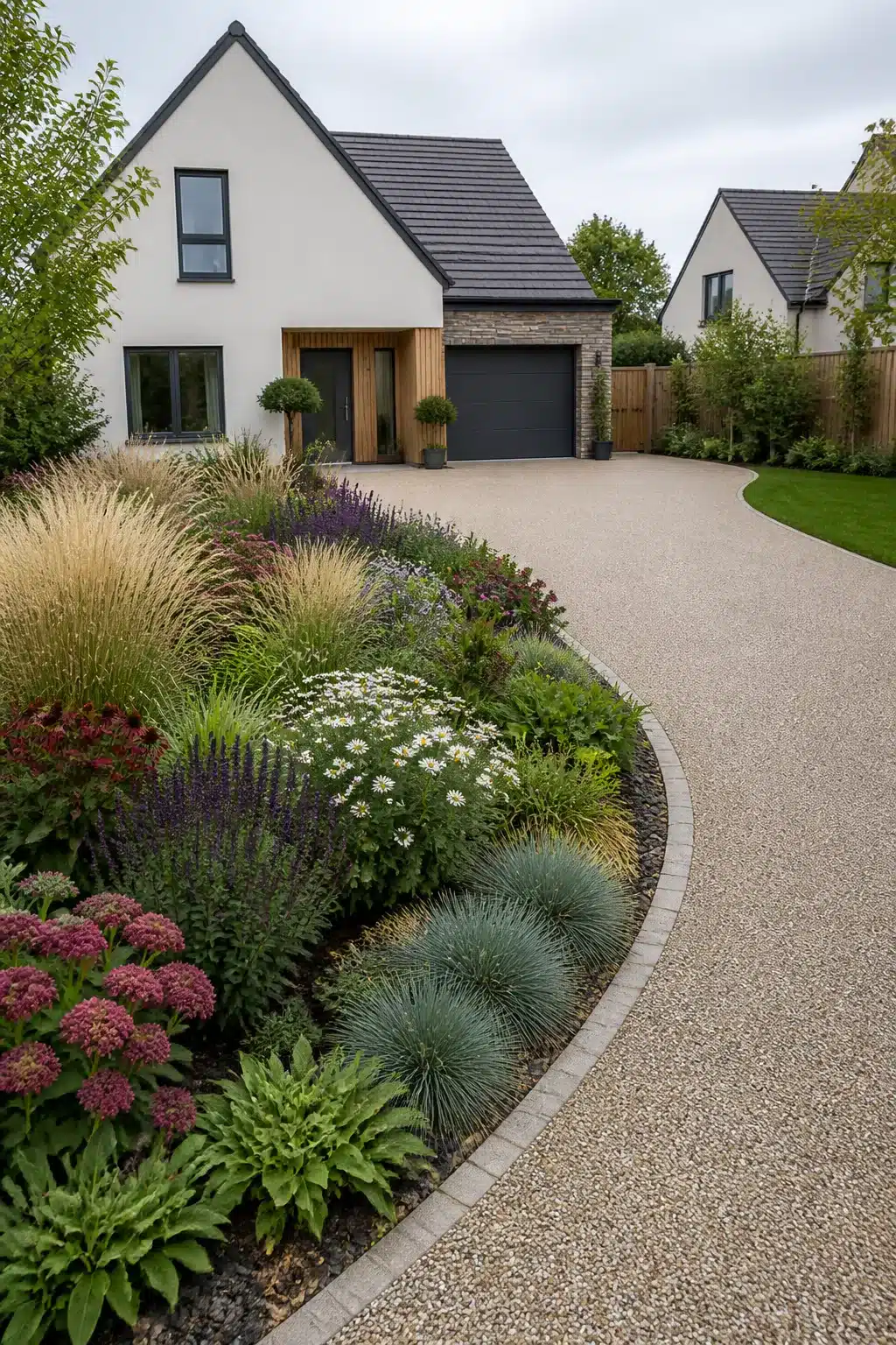 Curved resin bound driveway with mixed perennial border in a new build front garden landscaped entrance