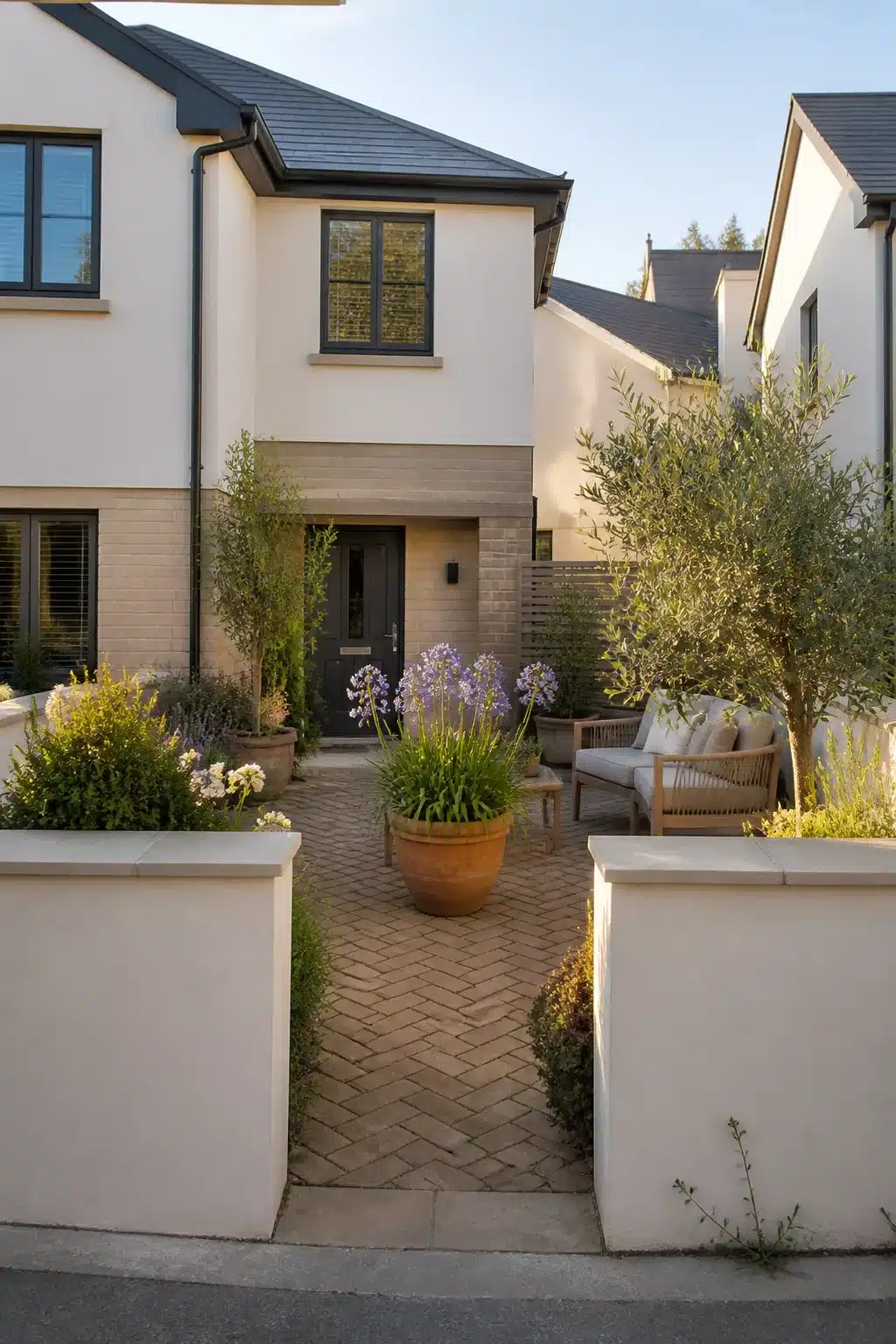 Walled courtyard new build front garden with herringbone brick path, agapanthus pot, and olive trees