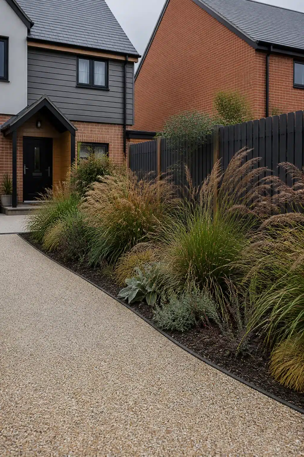 Mixed ornamental grass border in a new build front garden with dark fence and resin gravel driveway