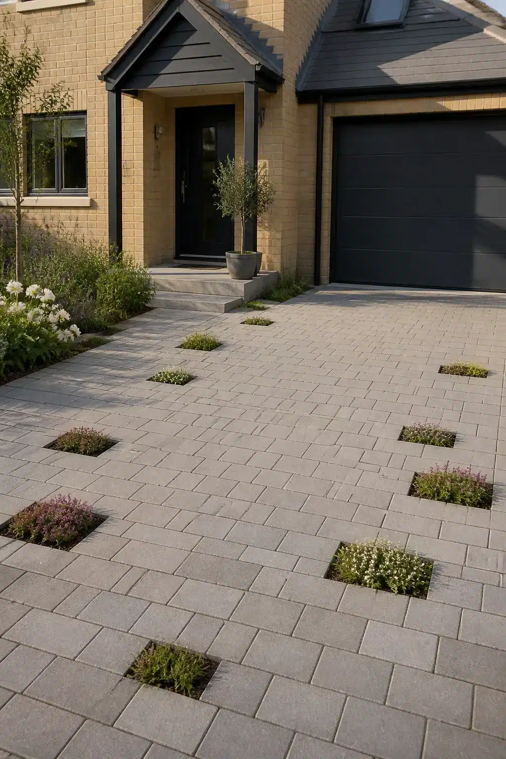 New build front garden with gray block paving driveway and square planting pockets filled with ground cover plants